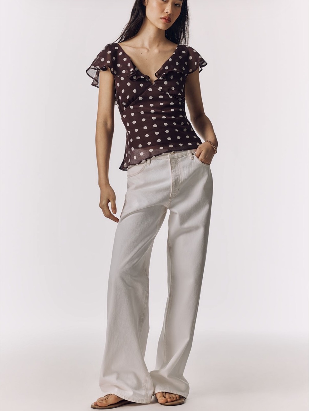 Anthropologie Brown Polka Dot Ruffle Sleeve V-Neck Top - Picture 3 of 5